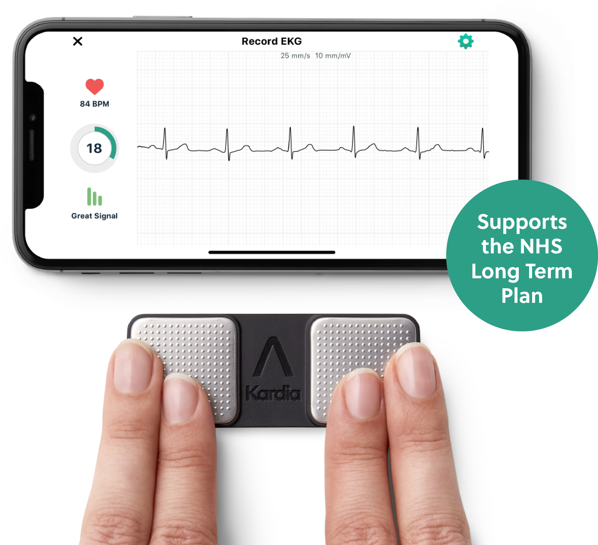 fingers on a KardiaMobile taking an EKG with the Kardia app